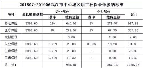 2018-2019武汉中心城区职工社保最低缴纳标准